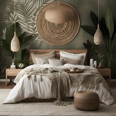 Bedroom A Bali-themed bedroom can have a natural wood or woven headboard, Balinese-patterned bedding, and a colorful woven rug. Decorative accents can include a tropical leaf print accent wall, wov