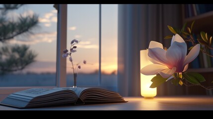 window and flowers, Step into the calm sophistication of a room where an open book awaits on a table, gently lit by the window's perfect glow. A blossoming flower completes the charm
