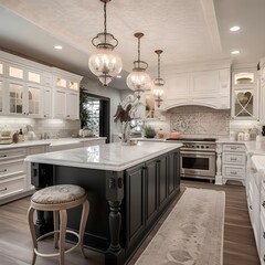 Traditional Theme A kitchen that features a traditional theme with ornate details, classic colors, and elegant finishes. Think of a chandelier over the island, a white subway tile backsplash, and a