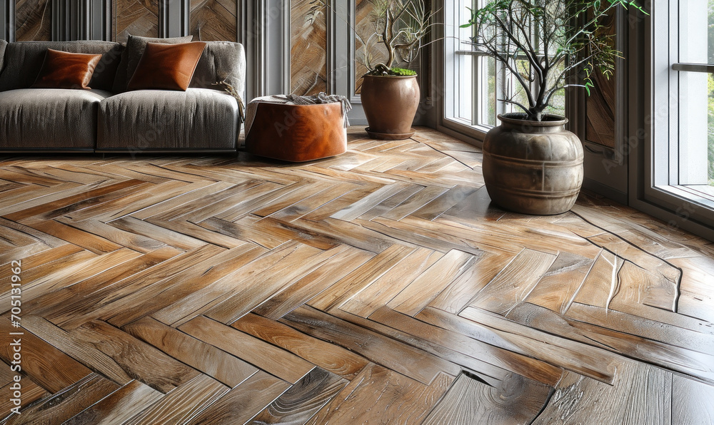 Wall mural Sophisticated herringbone pattern parquet wood floor, showcasing the elegance of traditional craftsmanship in contemporary interior design