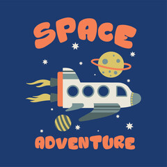 funny space concept graphic design as vector with spaceship and planets