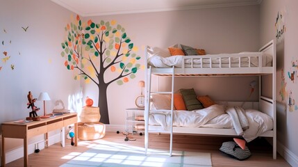 A cozy, sunlit children's room with vibrant wall decals and a playful bunk bed arrangement, inviting for endless adventures.