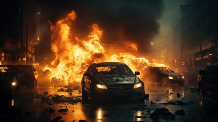 Car in the middle of the road with fire and smoke on a dark background