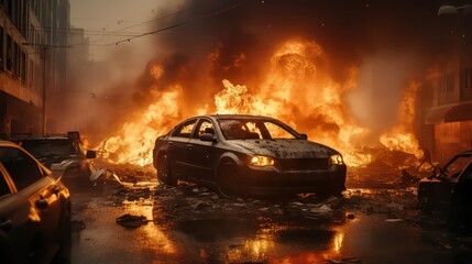 Burning car in the city during the fire of a car