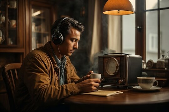Man listening to an old radio