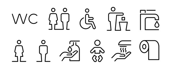 Toilet line icon set. WC sign. Man, woman, shower, mother with baby, handicap symbol. Restroom for male, female, disabled pictograms - obrazy, fototapety, plakaty