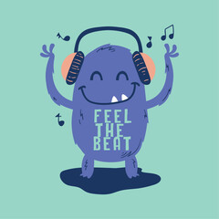 music lover cute monster drawing as vector for print