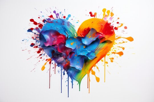 colorful heart made of splashes, LGBTQ Rainbow made out of hearts with white background. Watercolor rainbow heart on white paper. Copy space, top view. Valentine's Day concept.