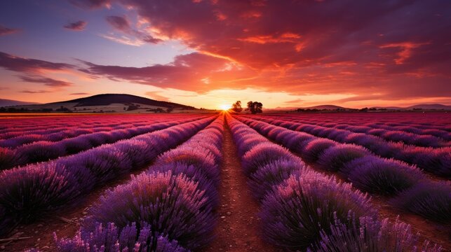 A mesmerizing sunset sets over a vibrant lavender field, creating a stunning display of colors and natural beauty