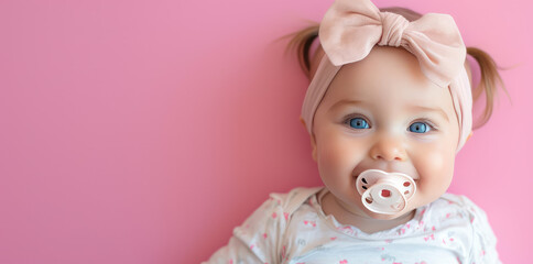 Smiling baby girl with pacifier portrait on flat pink background with copy space. Banner template with infant child smile.