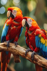 two red and green macaws sitting on a branch