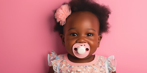 Smiling african baby girl with pacifier portrait on flat pink background with copy space. Banner template with infant child smile.