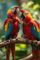 Obraz premium two red and green macaws sitting on a branch