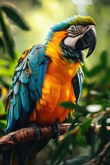 Obraz premium Blue and yellow macaw parrot on tree branch