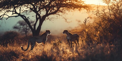 a pair of cheetahs can be seen at sun down, in the style of color gradients, lens flare, traditional landscapes