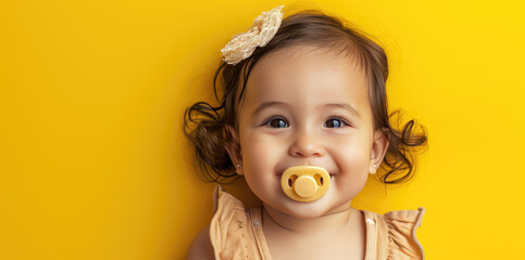 Smiling latino baby girl with pacifier portrait on flat yellow background with copy space. Banner template with infant child smile. - obrazy, fototapety, plakaty