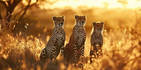 Fotobehang three cheetahs standing in the grass at sunset, in the style of romantic landscapes © Landscape Planet