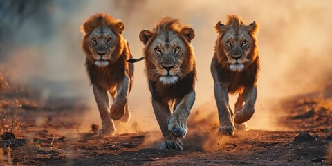 three lions running across the dirt, in the style of epic portraiture, captivating light - obrazy, fototapety, plakaty