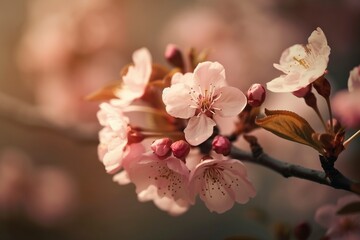Close Up of Pink Vibrant Flower on Tree Branch at Spring