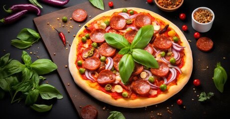 a pizza with olives and basil on top