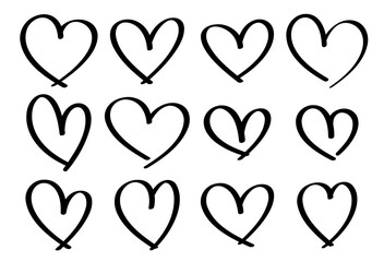 Set of black bubble hearts icons. Hand drawn line art effect, Happy Valentine's day card or banner or letter template.
