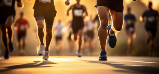 people in running in marathon at sunset