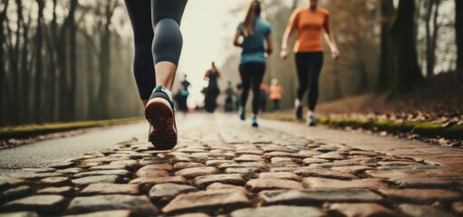 People in running shoes on a brick road - obrazy, fototapety, plakaty