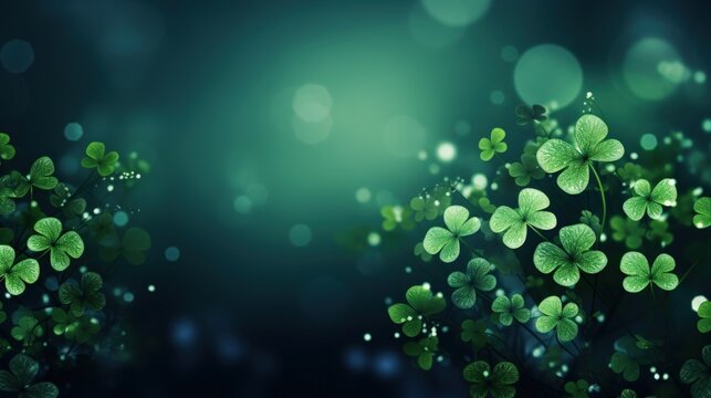Happy Saint Patrick's Day background with green leaf clovers on blur background. AI generated image
