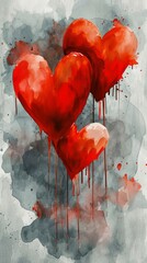 Painting of Three Red Hearts on Gray Background