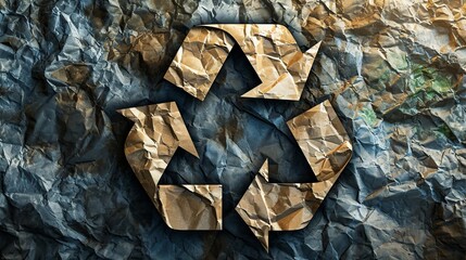Crumpled Paper Recycling Symbol on Rock Wall, Promoting Sustainable Waste Management.