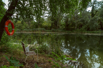 a chair near a forest lake