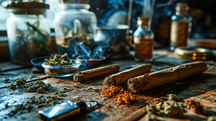 Roll your own cannabis cigarette, medicinal marijuana. A stock photo illustrating the natural elements and therapeutic aspects of cannabis use - obrazy, fototapety, plakaty