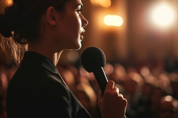 Beautiful woman in a suit holding a microphone and performing on stage in front of people listening. Public speaking, lecture, vocals - obrazy, fototapety, plakaty