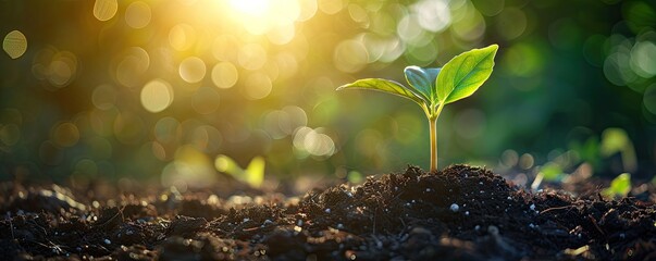 Sustainable beginnings. Close up of small green seedling growing in fertile soil representing concept of eco friendly business and environmental development - obrazy, fototapety, plakaty