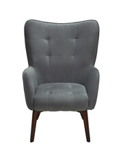 Fototapeta premium modern gray fabric armchair with wooden legs isolated on white background, front view