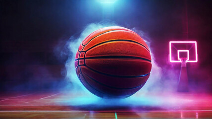 basket ball in textured basketball game field with neon fog - center, midfield