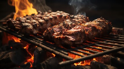 Grilled meat on barbecue grill with flames and smoke on dark background
