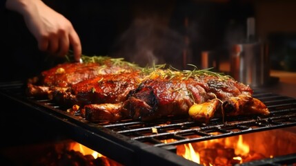 Roast lamb with rosemary and spices on barbecue grill in restaurant