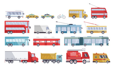 Big set with city transport, buses, trolleybuses, emergency transport and trucks. Isolated vector illustrations in flat design