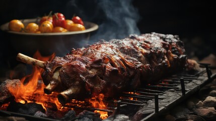 roasted lamb ribs on a barbecue grill with flames and cherry tomatoes