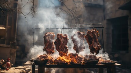 Grilled meat on a spit over the coals in the smoke - obrazy, fototapety, plakaty