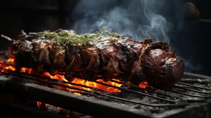 roasted lamb ribs on the grill with flames and smoke close-up