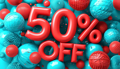 Sale of special offers. Discount with the price is 50%. An ad with a red tag for an advertising campaign at retail on the day of purchase. illustration 50% Off 3D - obrazy, fototapety, plakaty
