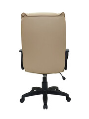 beige office armchair on wheels isolated on white background, back view