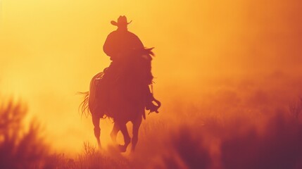 A cowboy riding a horse through the desert in front of an orange sky, AI