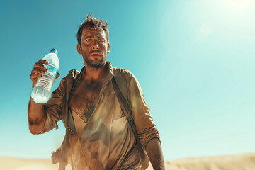 Thirsty man holding a bottle of water in the middle of the desert - obrazy, fototapety, plakaty