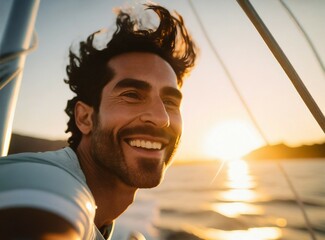 Smiling Latin man sailing on a yacht