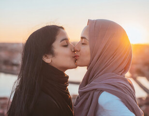 Two islamic woman are kiss each other, homosexual rights and freedom