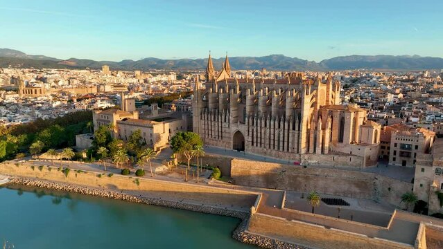 Aerial view of Palma de Mallorca cityscape. Cathedral La Seu of Santa Maria Royal Palace of La Almudaina. Balearic Islands. Spain
