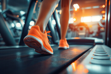 Close-up of legs of a runner running on a treadmill in a fitness club